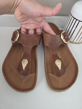 Birkenstock Brown Leather Sandals with Gold Logo